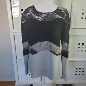 Alberto Makali Black Grey Lace Colorblock Faux Suede Top Bell Sleeve Size‎ Large